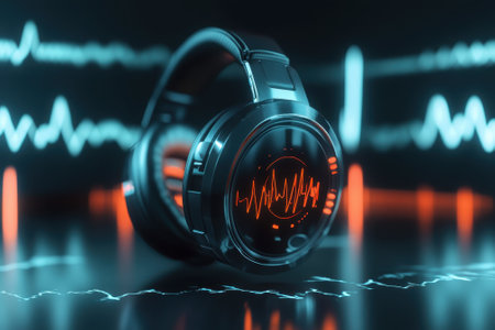 Sporty headphones feature glowing soundwave design on a minimalistic surface, emphasizing tech aesthetics.の写真素材