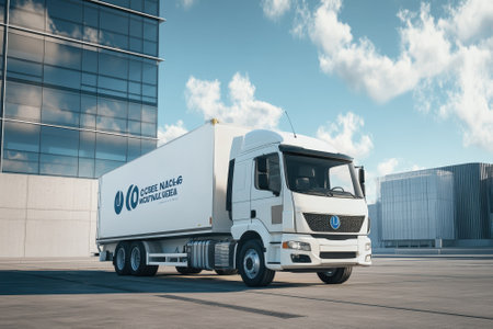 A large delivery truck stands parked in a commercial district surrounded by tall, modern structures.の写真素材
