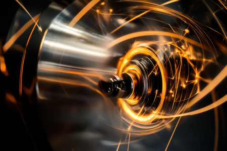 A rotating metal part produces bright sparks during a machining process in a workshop environment.の写真素材