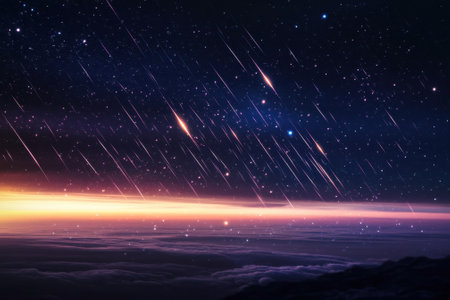 Bright meteors streak across the twilight sky, illuminating the horizon in a breathtaking display during the night.の写真素材