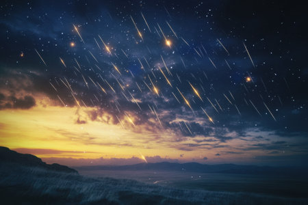 Colorful meteors streak across the twilight sky as the sun sets over the ocean, creating a breathtaking view.の写真素材