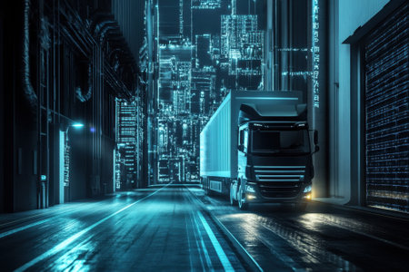A large truck moves through a dimly lit, neon-illuminated urban environment, reflecting advanced technology.の写真素材