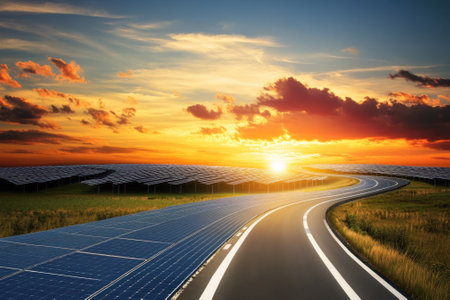 A winding road curves through a landscape filled with solar panels under a vibrant sunset sky.の写真素材