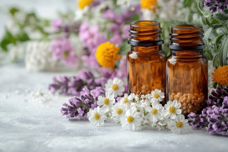 Two amber bottles filled with essential oils are placed among vibrant flowers and herbs, creating a serene display.の写真素材