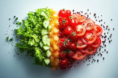 Colorful display of fresh vegetables, featuring lettuce, tomatoes, cucumbers, and herbs on a surface.の写真素材
