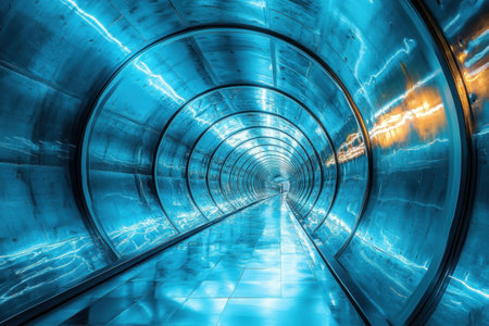 This tunnel features striking blue lights reflecting off the sleek surfaces, creating a futuristic ambiance.の写真素材