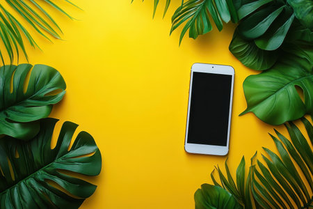 A smartphone rests on a bright yellow surface, framed by lush green leaves, creating a tropical vibe.の写真素材