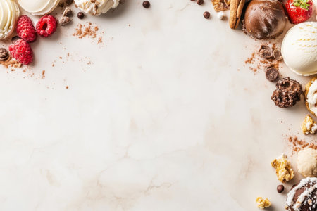 A delightful assortment of ice cream, cookies, and fresh raspberries is arranged on a marble countertop.の写真素材