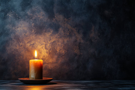 A warm candle glows gently, illuminating a dark textured background while setting a calm ambiance.の写真素材