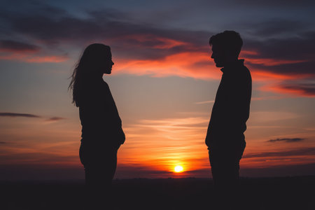 Two people stand facing each other against a stunning sunset, silhouetted by colorful clouds and the setting sun.の写真素材