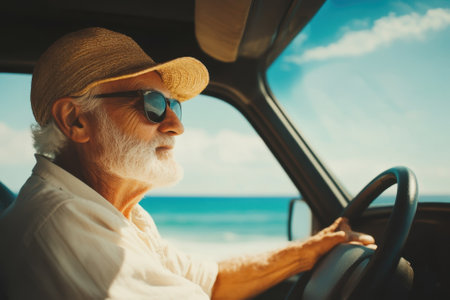 An elderly man enjoys a leisurely drive in a vintage car along the beach under a clear sky.の写真素材
