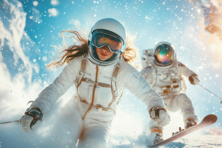 Two skiers in space suits navigate through fresh snow, showcasing a unique winter sport experience.の写真素材
