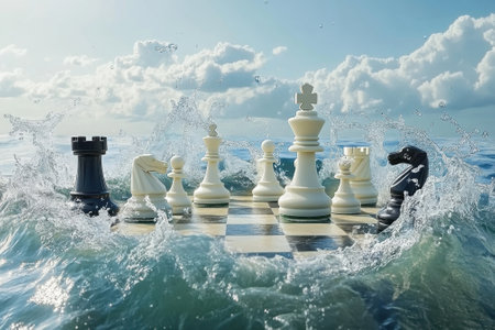A chessboard with black and white pieces is partially submerged in ocean waves under a bright sky.の写真素材