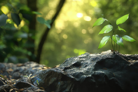 A young plant pushes through the surface of a dark rock in a vibrant forest, illuminated by soft morning light.の写真素材