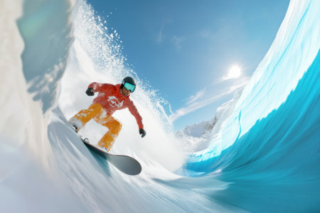 A snowboarder skillfully rides a snow wave beneath a bright blue sky in a mountain landscape.の写真素材