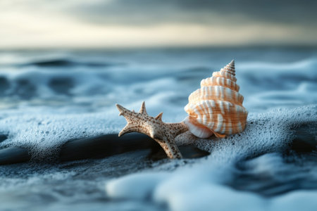 A colorful seashell lies on the sandy shore as gentle waves lap against it at dusk.の写真素材
