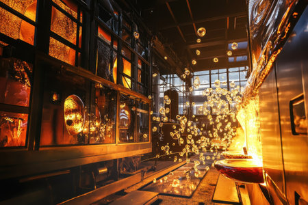 Hot molten glass pours from a furnace, creating bubbles as it flows into molds, illuminated by warm light.の写真素材