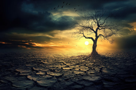 A landscape features a lone tree silhouetted against a vibrant sunset, surrounded by dry, cracked earth.の写真素材