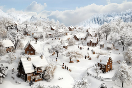 Snow blankets a picturesque village with charming houses as people engage in winter activities outdoors.の写真素材