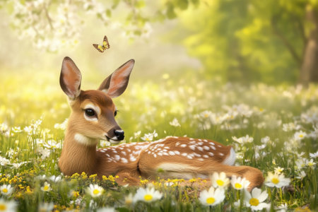 A young deer relaxes in a flower-filled meadow, basking in sunlight as a butterfly flutters nearby.の写真素材