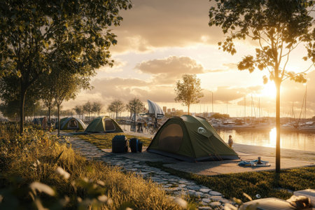 Families enjoy camping near the water as the sun sets, with tents and sailboats enhancing the scenery.の写真素材