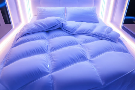Soft blue bedding is complemented by modern lighting, creating a relaxing atmosphere in a stylish bedroom.の写真素材