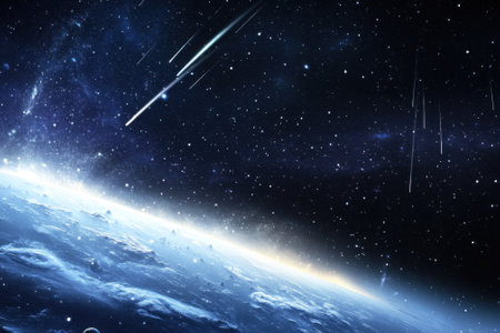 Earth is seen from space with bright meteors passing through a starry sky above.の写真素材