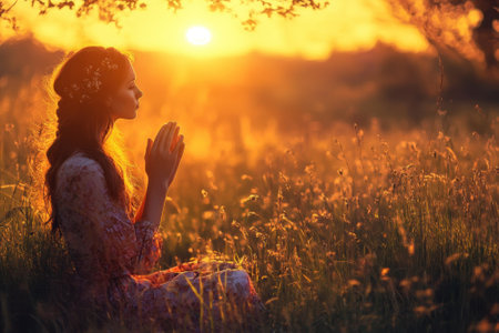 A woman sits peacefully in a grassy field, hands clasped in prayer as the sun sets behind her.の写真素材