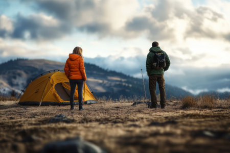 Two campers stand in front of their tent, gazing at the mountain landscape under a colorful sky.の写真素材