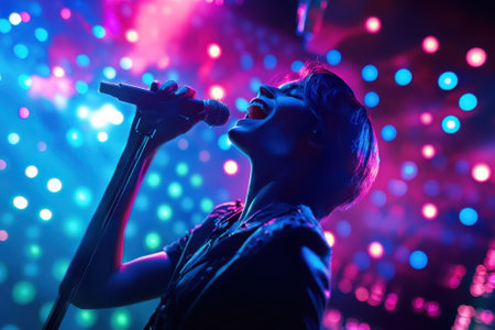 Brightly colored lights illuminate a passionate singer holding a microphone while captivating the audience.の写真素材