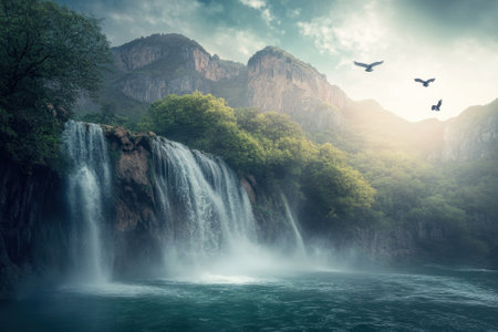 Water flows powerfully over rocky cliffs surrounded by vibrant trees in a tranquil mountain setting.の写真素材