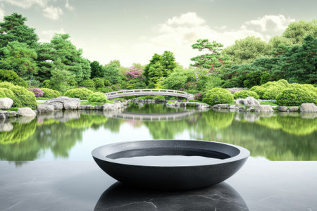 A dark bowl rests on a stone surface overlooking a calm pond surrounded by lush greenery and trees.の写真素材