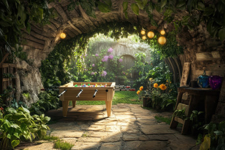 A foosball table nestled in a lively indoor garden, surrounded by plants and soft lights, creates coziness.の写真素材