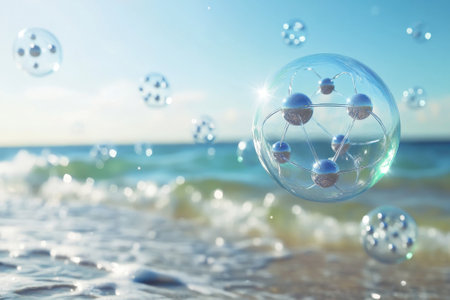 Bubbles with molecular designs hover above gentle ocean waves during a colorful sunset.の写真素材