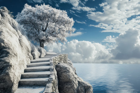 Winding stone steps ascend a rocky cliff, leading to tranquil water and a white tree against a bright sky.の写真素材