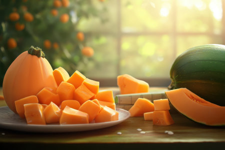 Brightly colored cantaloupe cubes are placed on a plate next to a whole squash, with sunlight illuminating the setting.の写真素材