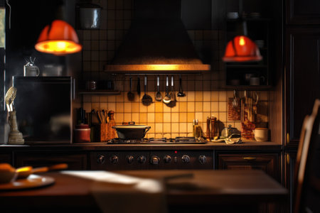 Warm lighting illuminates a rustic kitchen, highlighting cooking utensils and a welcoming atmosphere.の写真素材
