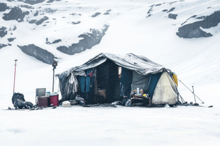 A weathered tent stands amidst heavy snowfall in a secluded mountain area, with scattered gear nearby.の写真素材