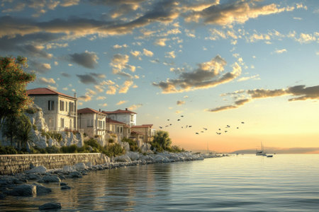 A tranquil coastal village overlooks calm waters, with clouds illuminated by the setting sun as boats float gently.の写真素材