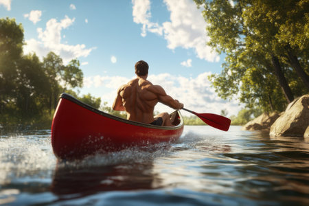 A muscular individual paddles a red canoe on a calm lake, enjoying nature's beauty and tranquility.の写真素材