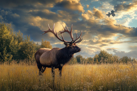 An elk with large antlers grazes peacefully in a lush field as the sun sets behind rolling clouds.の写真素材