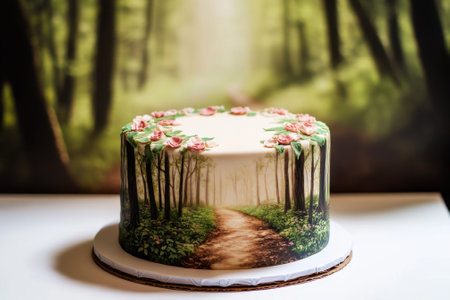 A stunning cake features a scenic forest design with flowers atop, creating a delightful centerpiece.の写真素材