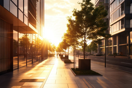 A vibrant sunset casts golden light on a contemporary street lined with trees and tall buildings.の写真素材