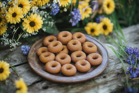 A plate of homemade donuts rests on a rustic wooden table surrounded by bright yellow and purple flowers.の写真素材