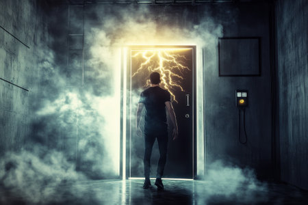 A person is approaching a glowing doorway filled with lightning, surrounded by an eerie fog.の写真素材