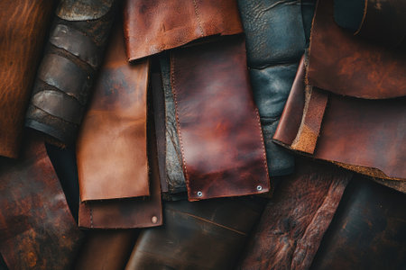 Leather pieces of various colors and textures are arranged in a workshop, showcasing craftsmanship and materials.の写真素材