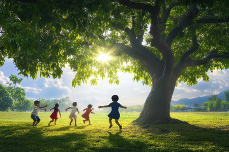 Five children run and play beneath a large tree, enjoying a sunny day in a green meadow.の写真素材