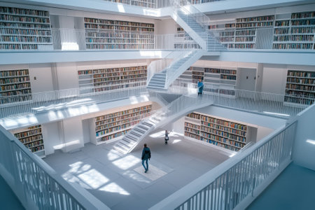 Visitors explore a contemporary library filled with books, brightened by ample natural light from above.の写真素材