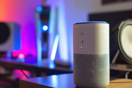 Smart speaker rests on a wooden table, surrounded by colorful lights and audio devices in a cozy room.の写真素材