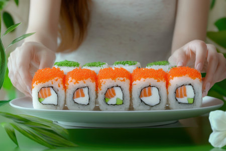 Colorful sushi rolls are presented on a plate as someone prepares to serve them surrounded by greenery.の写真素材